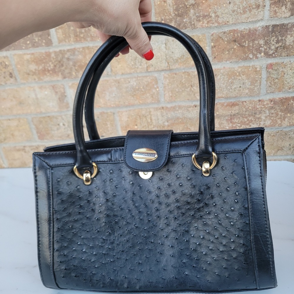 Carryland Black Ostrich‎ Embossed Top Handle Handbag Gold Hardware Organizer Bag